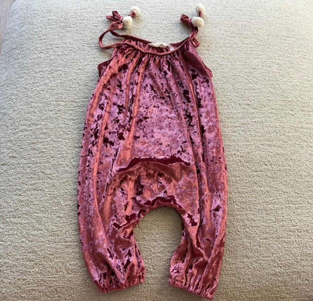 Born by the Shore Crushed Velvet Romper Pom Pom Details Baby Girl 6-12 Month